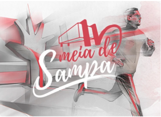 Inscrições abertas para Meia de Sampa 2019 Meia de sampa apresenta uma ilustração de um corredor e a data de sua inscrição